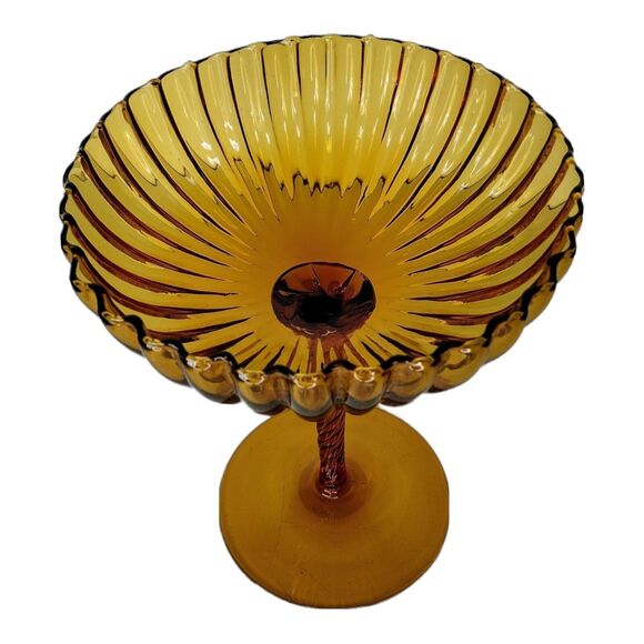 Vintage MCM Empoli Hand Blown Amber Glass Spiral Stem Ribbed Pedestal Candy Dish - Picture 5 of 7